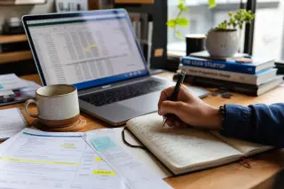 Entrepreneur’s hand writing notes in a notebook, laptop with spreadsheet, scattered papers and coffee cup in a warmly lit, authentic home office workspace.