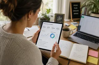 Independent professional reviewing digital accounting reports on a tablet in a sunlit home workspace, surrounded by handwritten notes and an open laptop