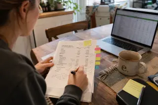 Freelancer at kitchen table annotating financial documents with coffee and laptop in a softly lit, lived-in home workspace.