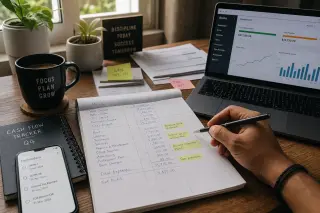 A home workspace with a hand writing in a ledger, laptop open with accounting software, papers with notes, and warm natural light highlighting a moment of accounting work.