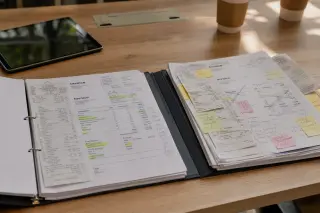 Coworking table with two open folders showing different accounting approaches, highlighted receipts, coffees, and tablet in soft natural light.