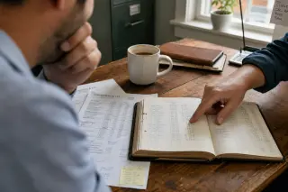 Hands review a printed accounting ledger on a wooden desk in a sunlit, lived-in small office, suggesting collaborative financial review.
