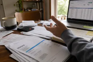 Hand sorting through scattered invoices and financial documents on a cluttered home table, coffee mug and laptop nearby, natural daylight creating a calm, realistic work atmosphere.