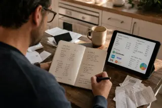 Entrepreneur reviews handwritten notes and a digital tablet with accounting apps at a kitchen table with receipts and a coffee, in soft morning light.