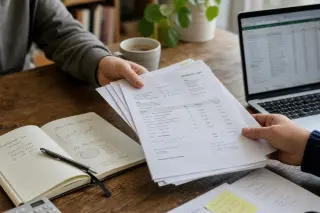 Close-up of two hands exchanging invoices over a wooden desk with a notebook and laptop in a softly lit home office