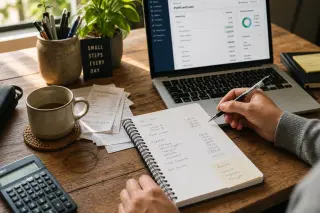 Hands reviewing handwritten accounting entries in a notebook on a wooden table with a laptop, warm daylight, and authentic freelance workspace details.