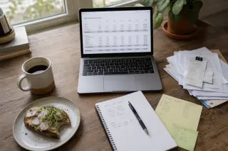 Home office table with open laptop, scattered paper notes, coffee, and food in soft morning light, suggesting a real business owner starting accounting work.