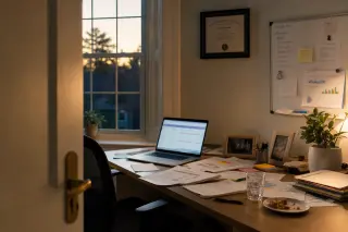 Home office at dusk viewed through a door, desk with financial papers, laptop, and casual personal items bathed in soft natural light.