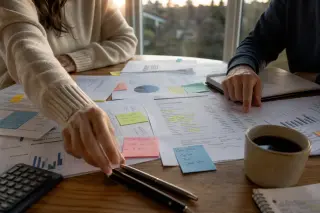 Authentic home office table at dusk with hands reviewing annotated accounting documents and sticky notes, suggesting thoughtful financial planning