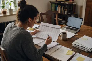 A woman intensely reviews financial documents in a cozy, slightly messy home workspace during early evening, papers and laptop scattered on a wooden table under soft natural light.