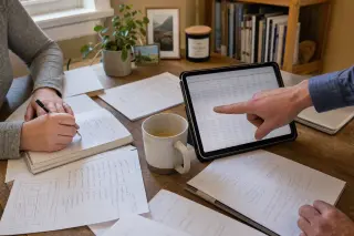 Partial view of two people collaborating with documents and a digital tablet on a cluttered home office desk, with soft natural light creating a calm, authentic work scene.