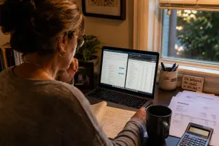 Middle-aged woman focused on laptop with accounting documents spread on a busy desk, softly lit by evening light in a home office.